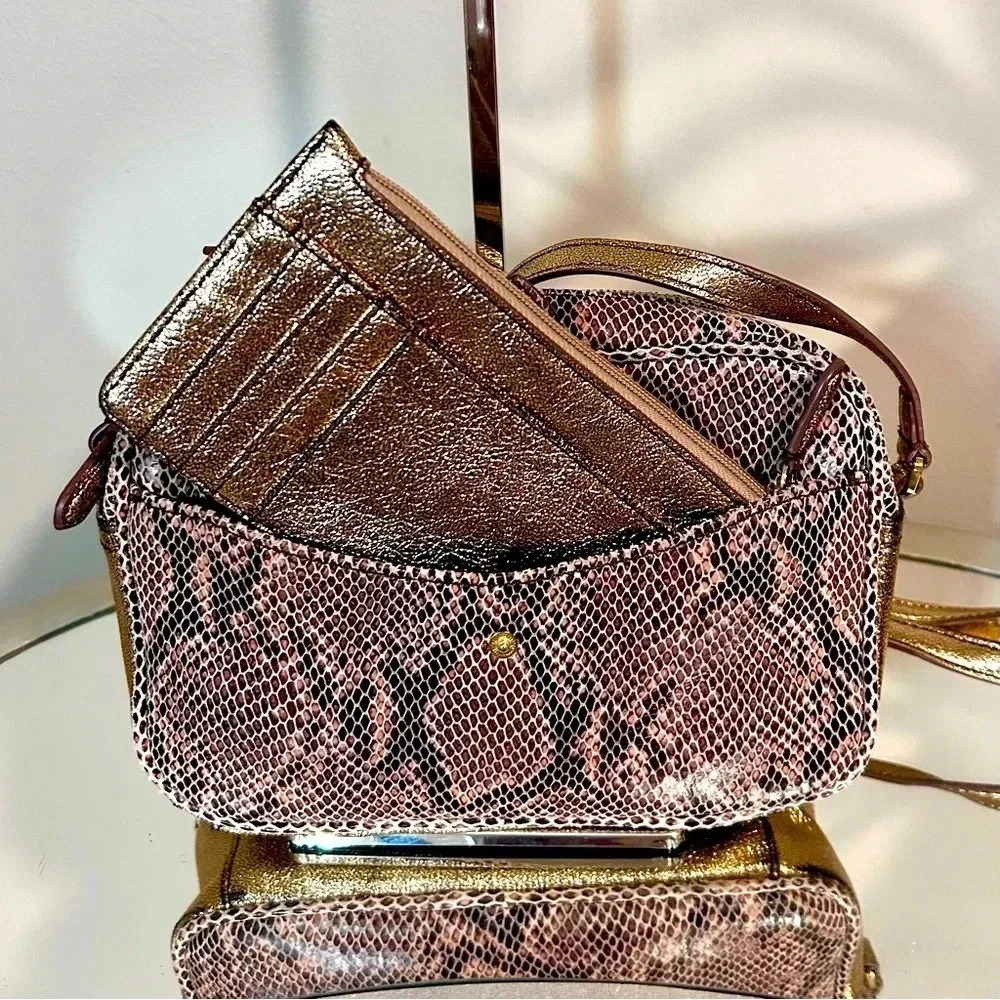 EUC GILI Genuine Leather Snake Print Crossbody Bag With Matching Card Wallet